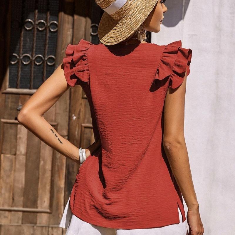 Fashion New V-neck Ruffled Casual Shirt Women Summer Sleeveless Blouse for Women Elegant Vintage Solid Simple Ladies Blouses and Tops 24664