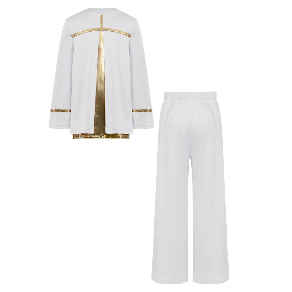 Kids Boys Church Performance Set: Long Sleeve Metallic Patchwork Top & Wide-Leg Pants with Elastic Waistband for Praise Dance