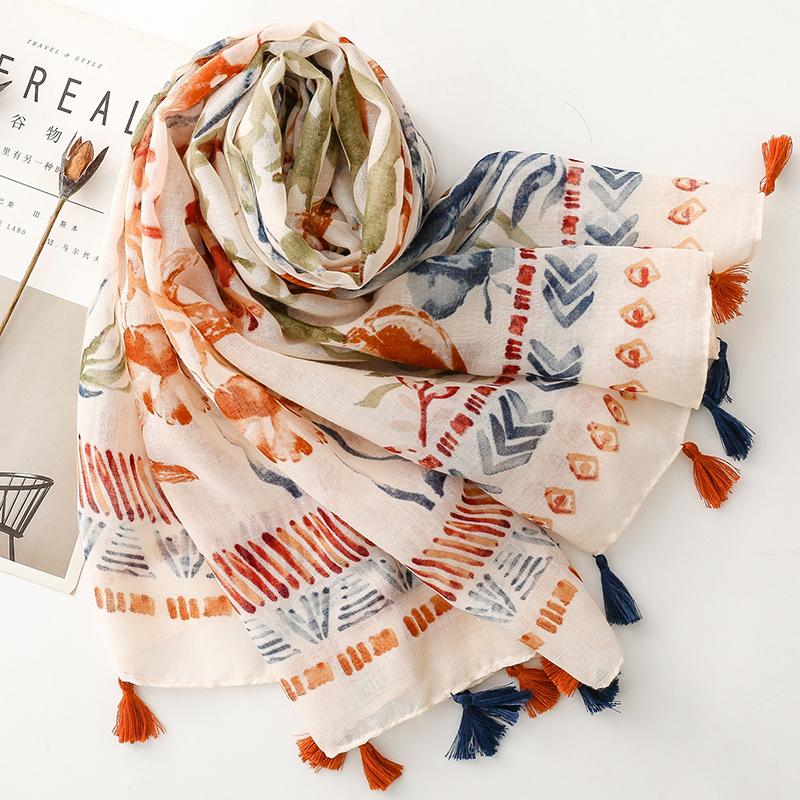 Retro Bohemian Styles Women Scarf Summer Beach Shawl Cotton Linen Feeling Tassel Pashmina Muslim Hijab Wrap Lady Viscose Scarf