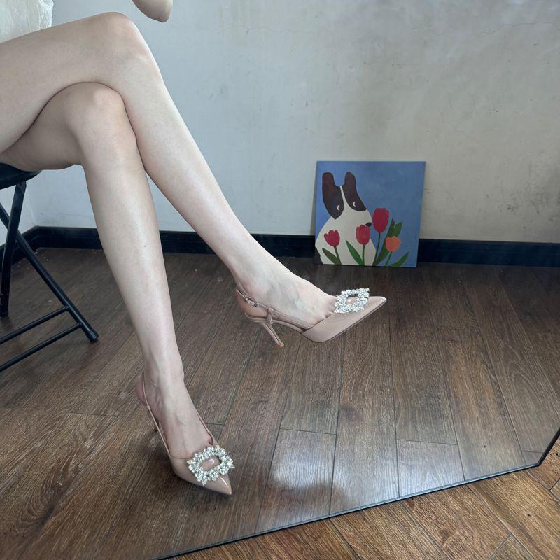 Baotou High-Heeled Sandals Stiletto Strap Nude Small Fragrant Single Shoes Pointed One-Word Buckle Women'S Buckle