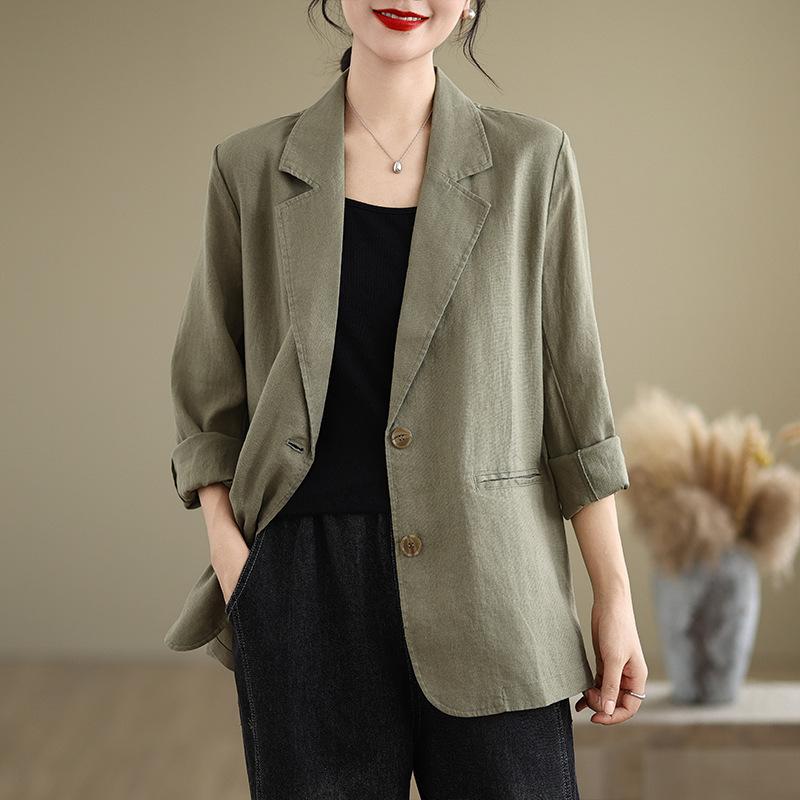 Autumn New Cotton and Linen Artistic Loose Fitting Suit Collar Long Sleeved Small Suit Jacket Tempering Women's Top