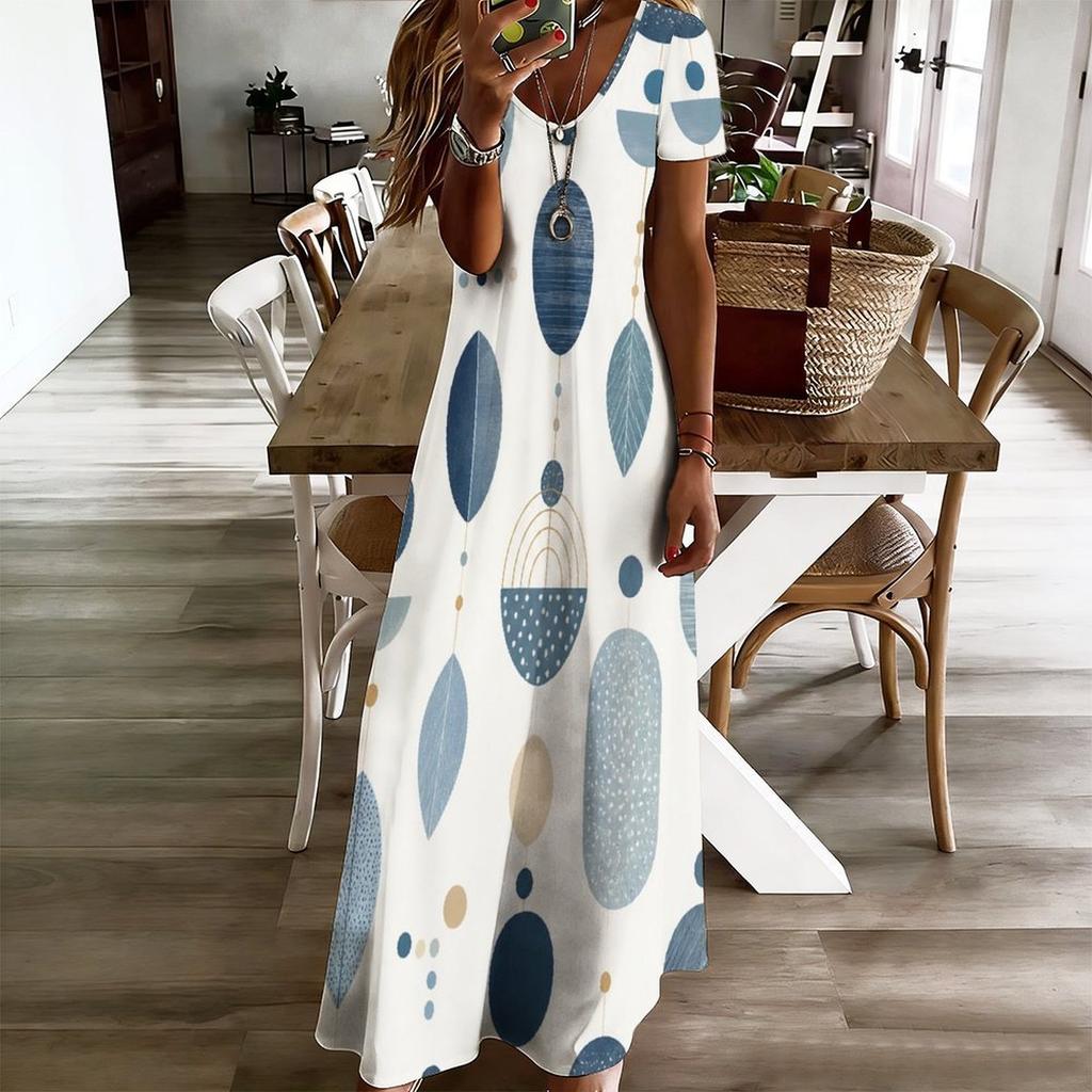 Women Plus Size V Neck Short Sleeve Printed Straight Maxi Dress