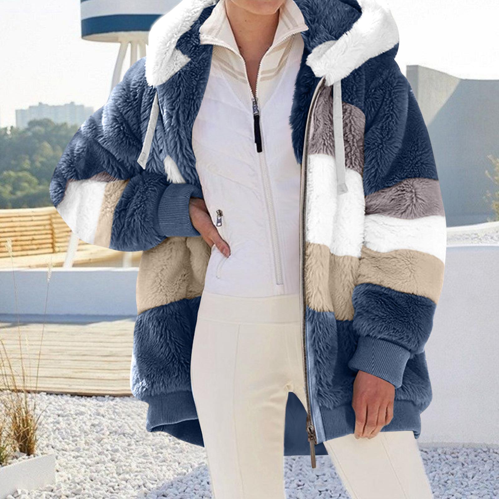 

Женская модная плюшевая лоскутная куртка с капюшоном, длинными рукавами, свободного кроя, теплая XXL синий