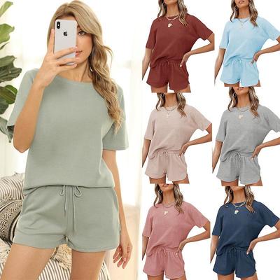 2024 Women's Casual Waffle Knit Two-Piece Set: Short Sleeve Top & Shorts