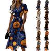 Women Halloween Print Casual Fashion Short Sleeve V Neck Midi Dress with Waist Tie Comfortable Fit for Daily Wear