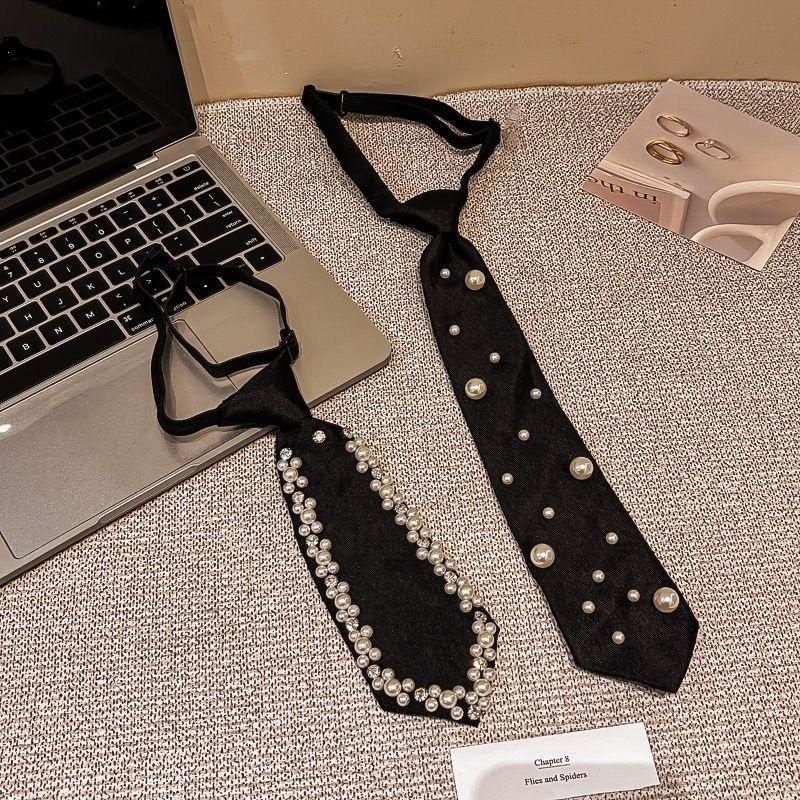 Pre Tied Black Fashion Neckties With Faux Pearl Rhinestone Decor Perfect For Party Wedding Daily Wear Special Events