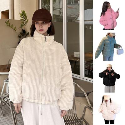Women's Winter Jacket Corduroy Puffer Short Down Jacket Warm Quilted Cotton Coat Stand Collar Outerwear for Daily Life Work School