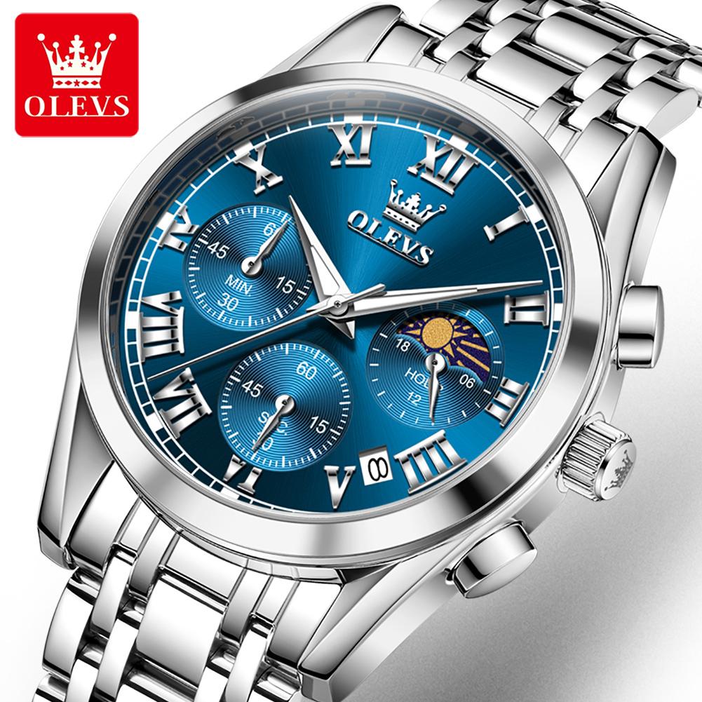 100% Original OLEVS 2871 Men's Watches New Stainless Steel Strap Moon Phase Chronograph Waterproof Luminous Quartz Wristwatches