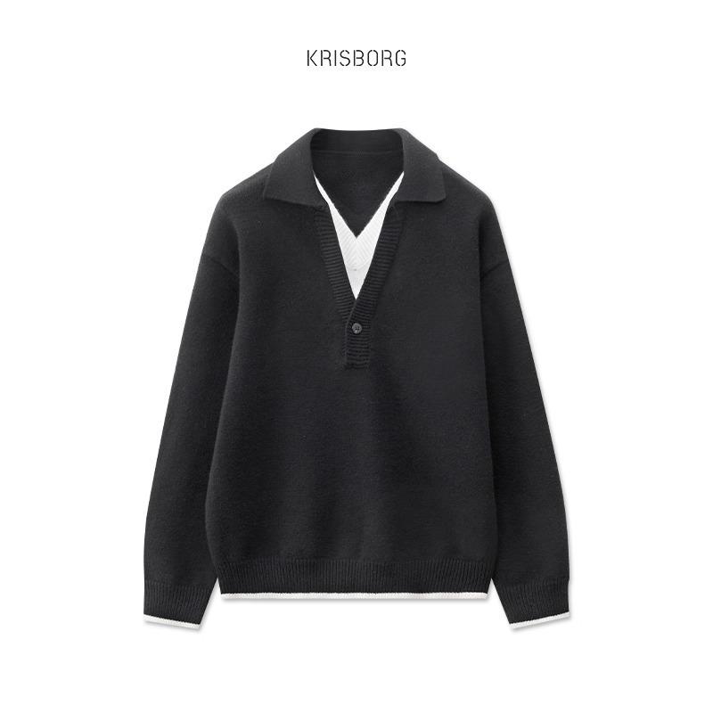 

Men s Faux Two-Piece Wool Knit Polo Sweater 2025: Autumn/Winter Double V-Neck Style M чорний