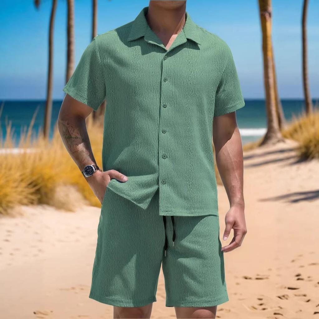 Men’s Shirt, Casual Loose-fit Short-sleeved Top and Shorts Beach Set