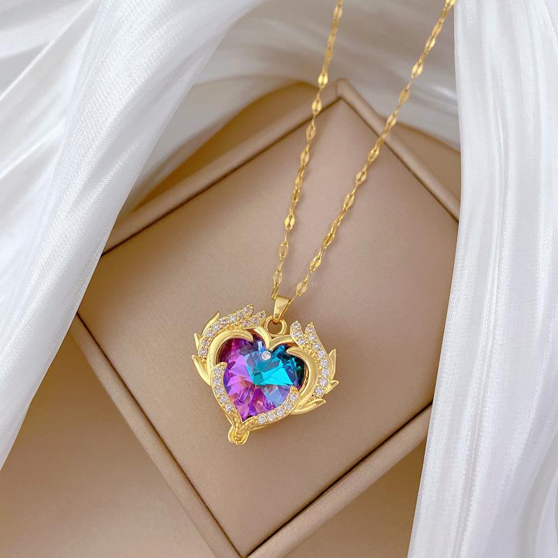 Exaggerated Colorful Love Full Diamond Light Luxury Temperament Gorgeous Full Diamond Necklace Female Versatile Collarbone Chain Titanium Steel