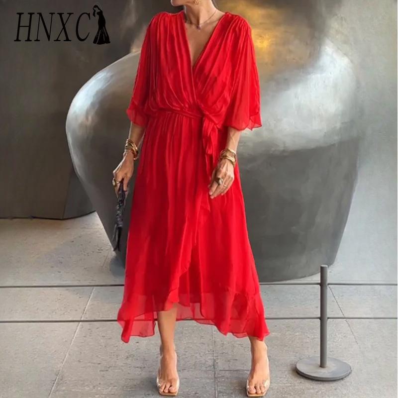 HNXC Women's Fashion Summer Spring Solid Color Print V-Neck High Waist Casual Dresses