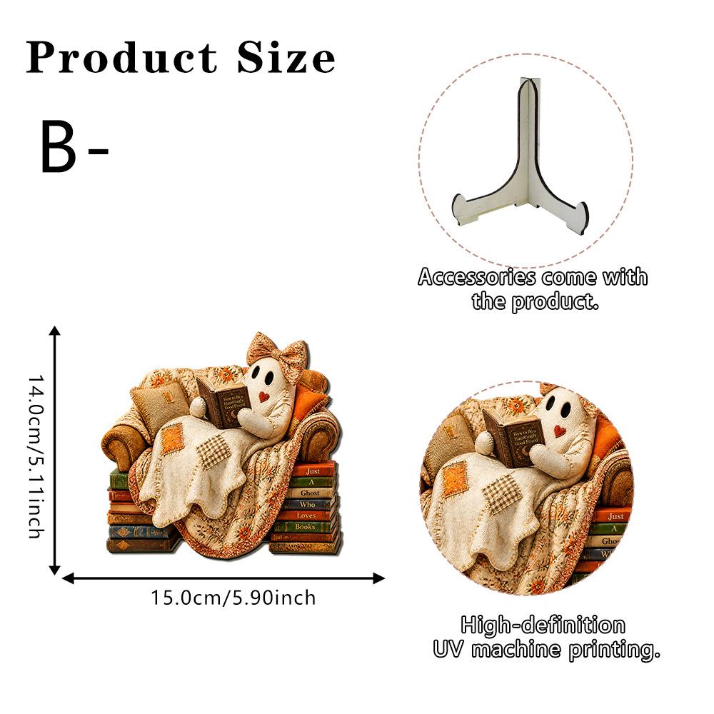 Halloween Ghost Figurine Reading Book, Wooden Decorative Piece, Pleasant Afternoon Tea Scene Atmosphere, Home Decoration Item