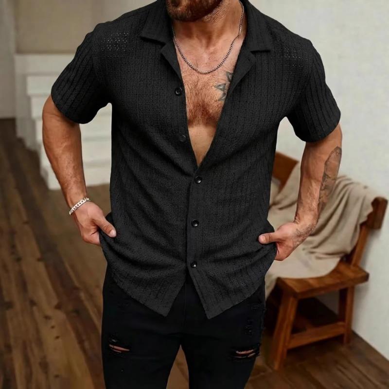 Summer New Solid Color Jacquard Hollow Lapel Shirt Men's Casual Sports Tops