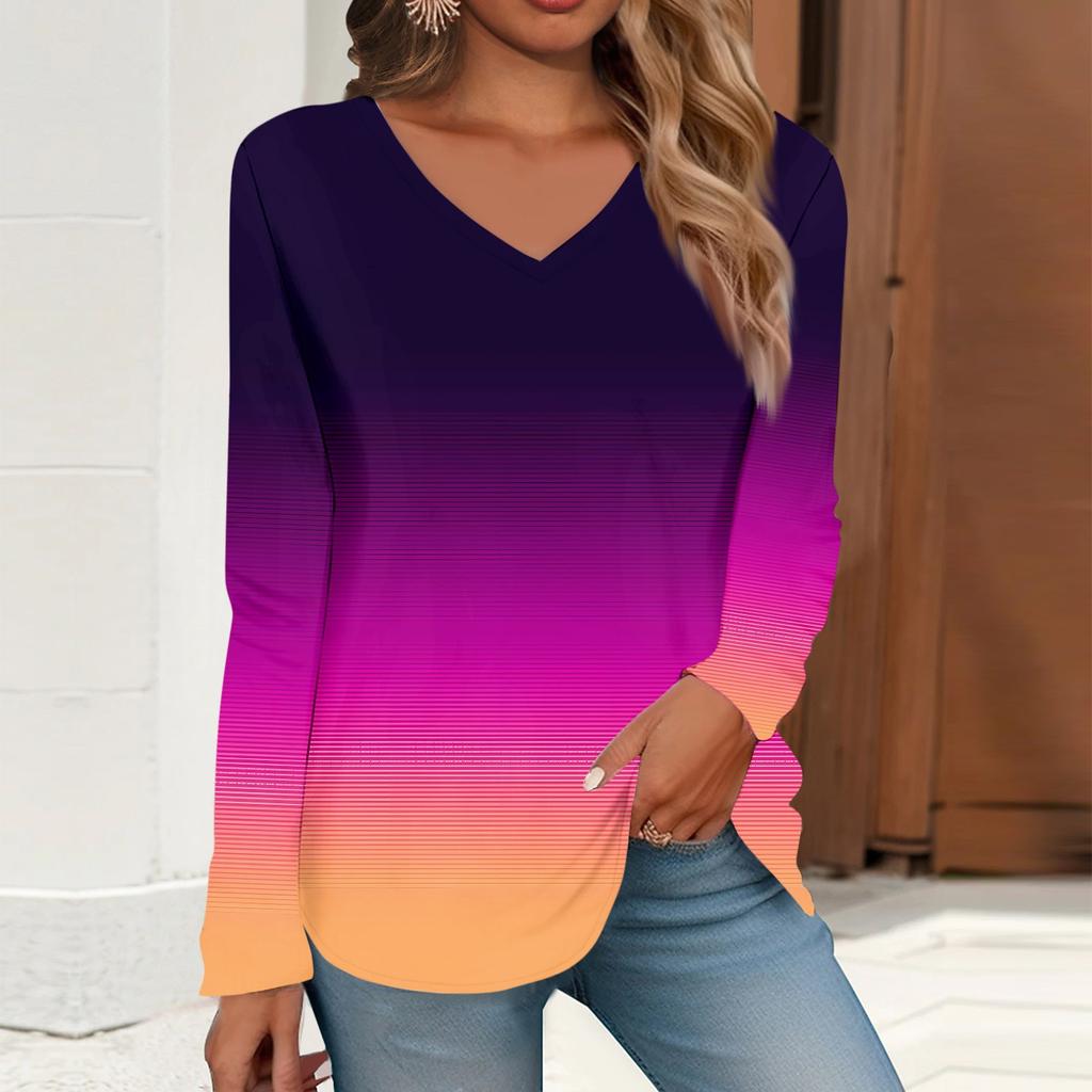 Women's T Shirt Tee Print Long Sleeve Daily Weekend Daily Basic V Neck Regular  Fall Winter Tops