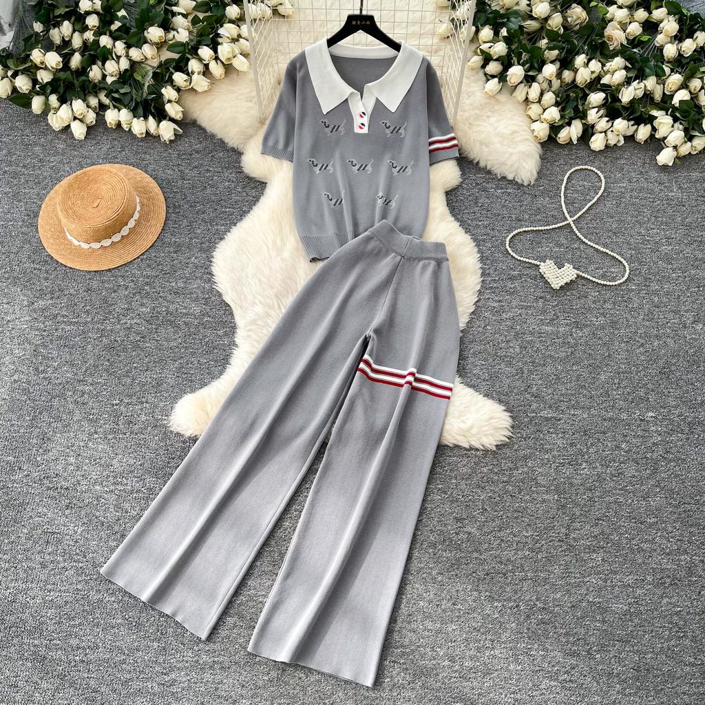 Lässiges Strick-Set mit süßem Welpenmotiv für Damen, Sommer, Umlegekragen Pullover-Top und Weitbeinige Hosen, Zweiteiliges Set für Damen