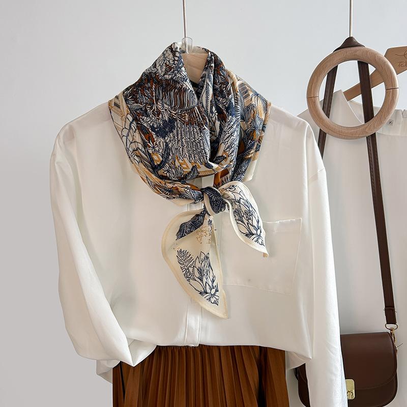 New parallel scarf simulation silk scarf spring and autumn women's thin high-end plant flower printed scarf