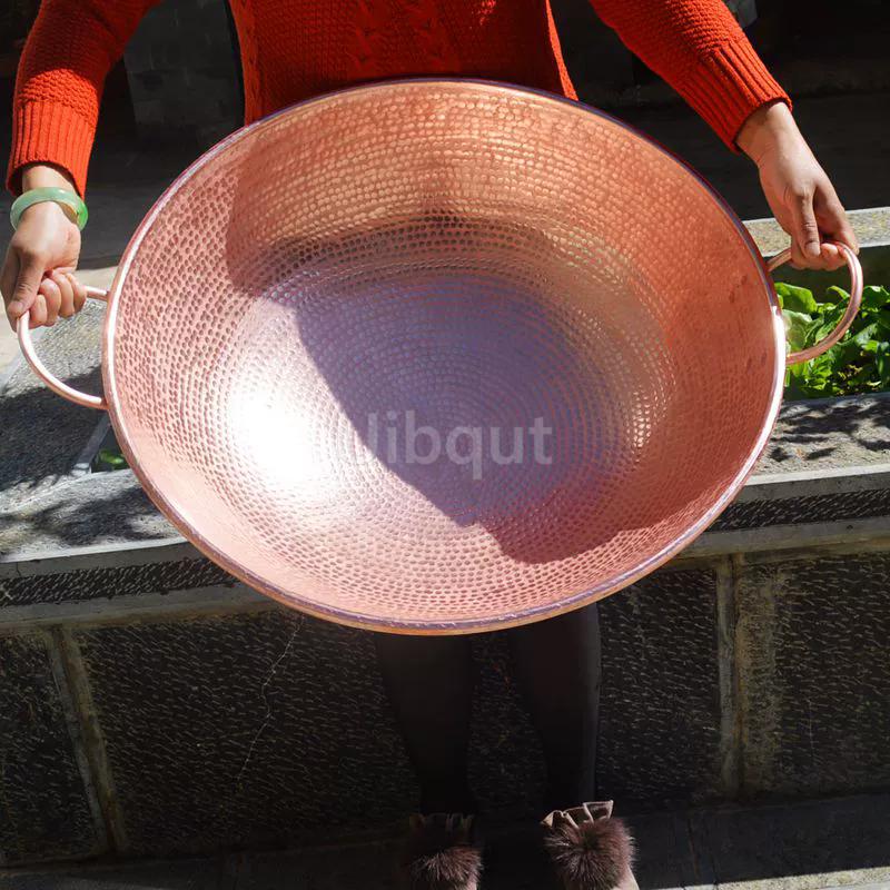 Hand Forged Pure Copper round Wok Pan with Dual Handles Thickened Stir Fry Hot Pot Cookware for Beef Stew Copper Pan cookware