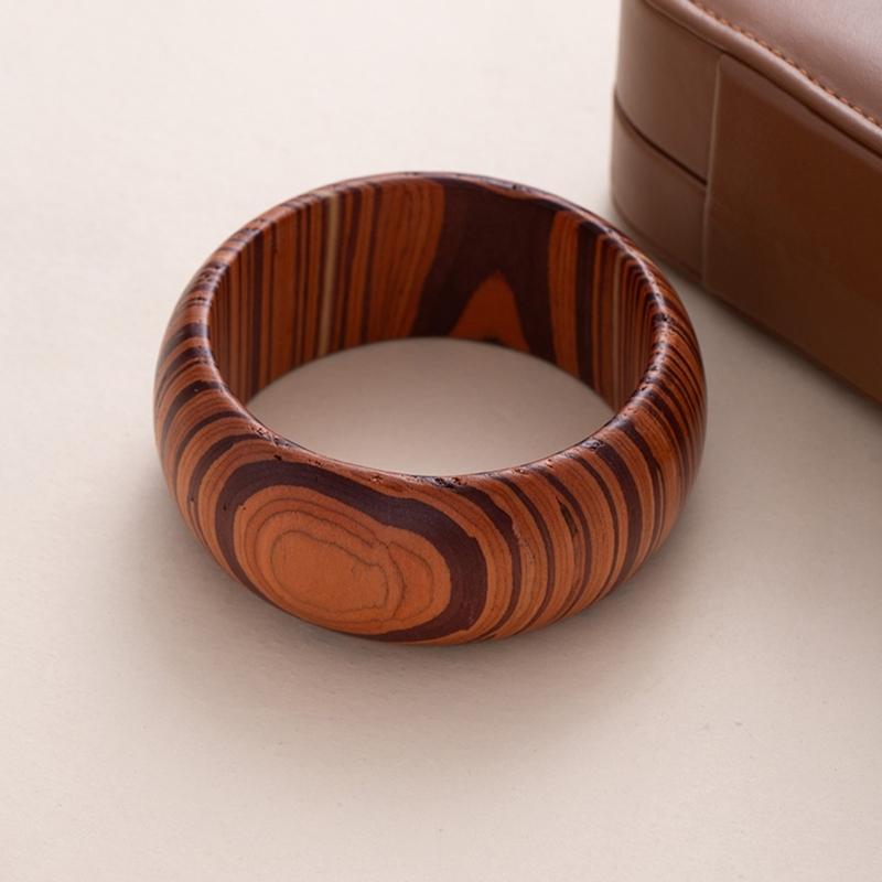 Vintage Ornate Carved Wooden Bangle Bracelet Artistic Wide Cuff For Women Elegant Natural Wood Jewelry Accessory