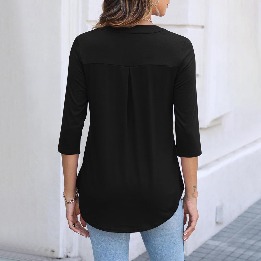 Women's Casual Fashion Polo Collar Half Zip Three Quarter Sleeve Top with Faux Pockets Relaxed Fit Lightweight Blouse
