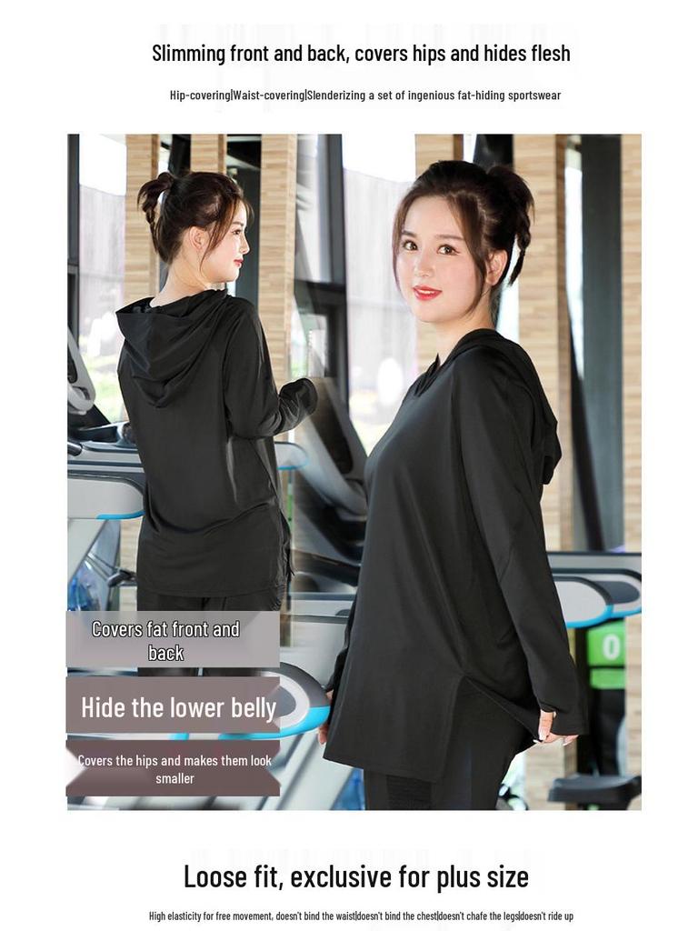 Trendy Plus Size Hooded Yoga Suit: Slimming, Medium-Long Fitness Top for Running