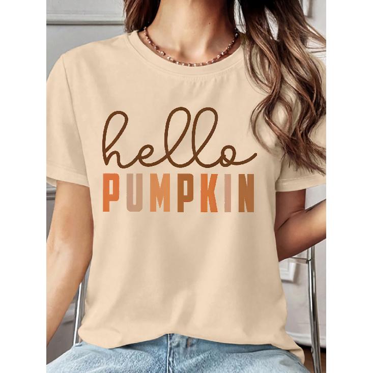 Brown-orange gradient hello PUMPKIN Autumn Vintage Handwritten English Print Short Sleeve T Women's T-shirt Soft and skin-friendly round-neck short