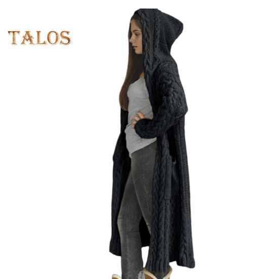 Dámská svetrová bunda s kapsami Střední délka Pletené s kapucí a zakroucená textura Jednobarevná Bunda s dlouhým rukávem Velká velikost Silné svrchní oblečení pro každodenní dojíždění