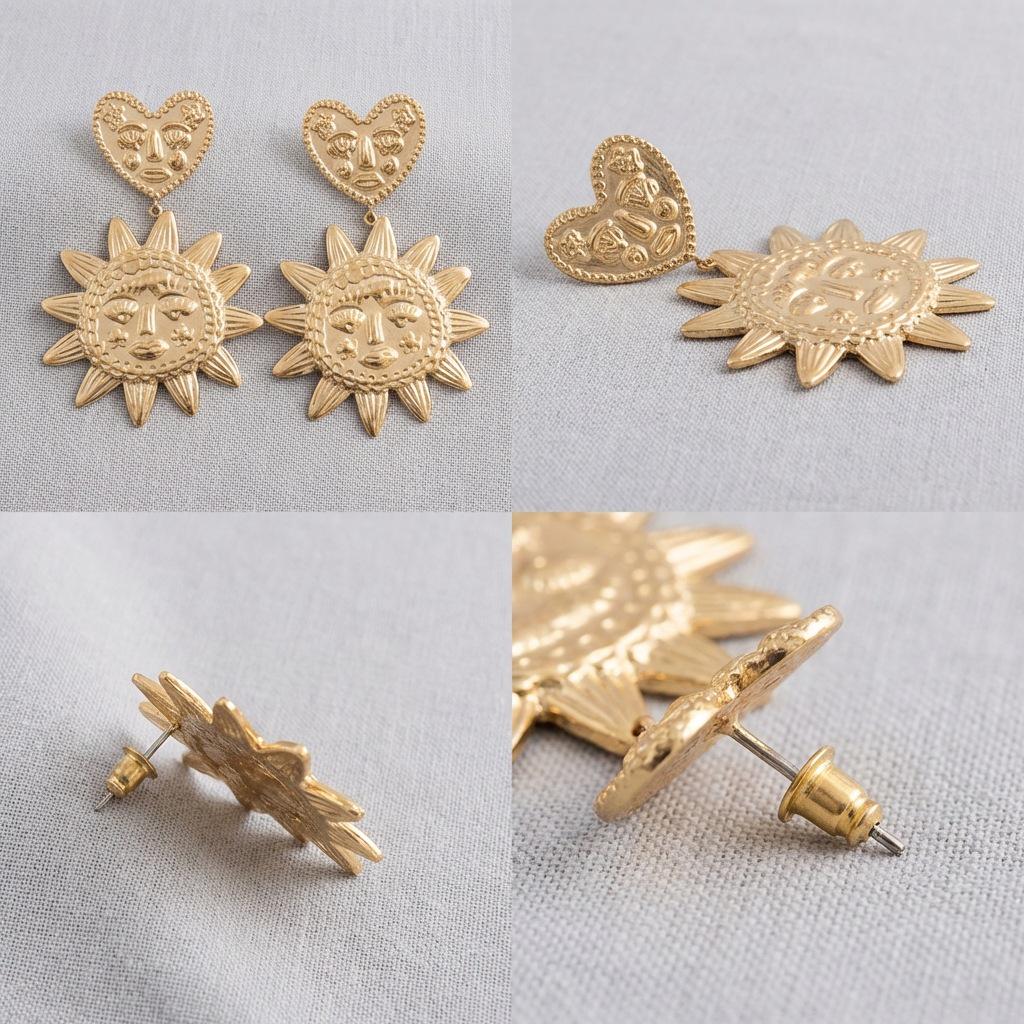 INSSGG Haute Couture Vintage Sun God Pendant Earrings – Tribal Textured Heart Exaggerated Luxury Style