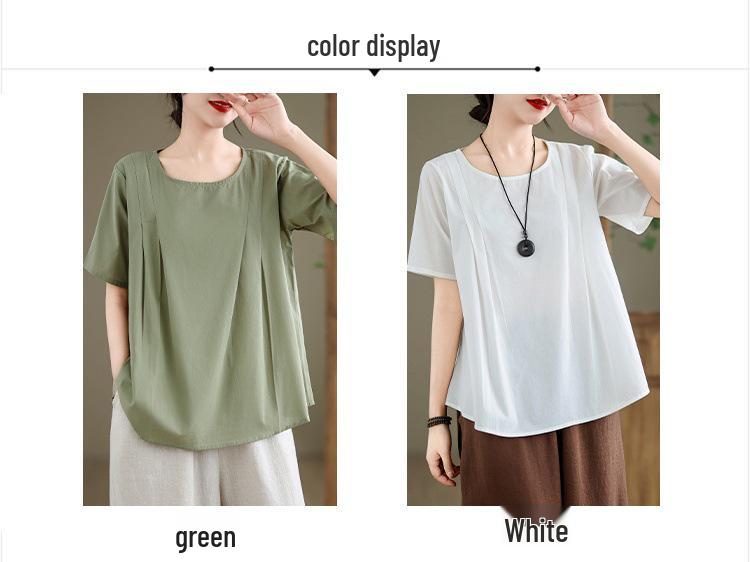Retro Cotton Linen Short Sleeve Round Neck Top - Summer Solid Color Linen T-shirt