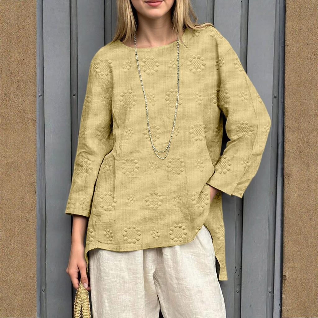 Women's Loose Cotton And Linen Retro Printed Round Neck Long Sleeved Fashionable Top