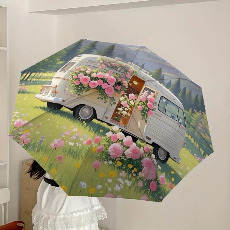 1pc Camper Van with Pink Flowers in Field Umbrella with Plastic Handle,Suitable for All Seasons Home Travel Outdoor UmbrellaDD414