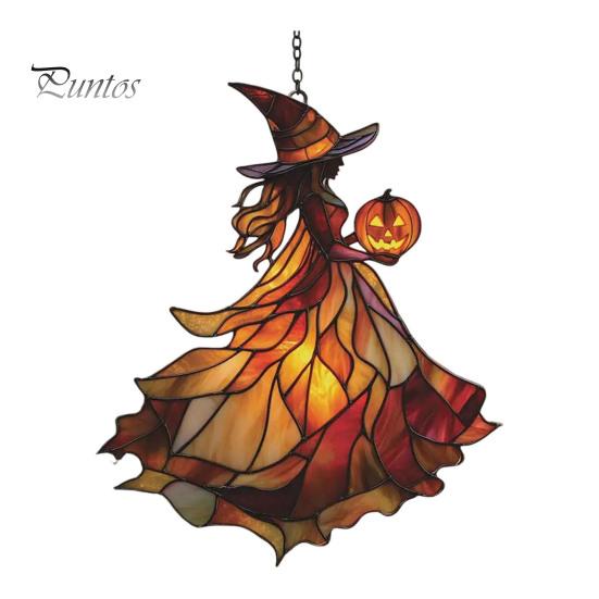 Decorative Chain Hanging Witch Acrylic Suncatcher, Stained Glass Effect Window Car Ornament, Gothic Scary Art with Pumpkin Lantern Sun Catcher