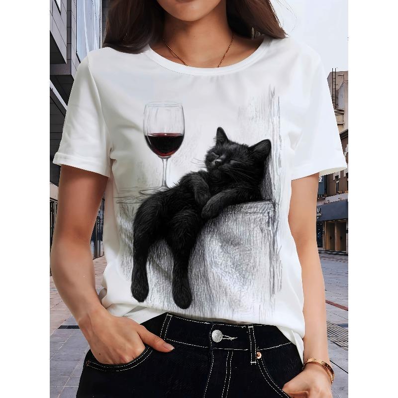 European size Sketch Art Cat Wine Red Wine Glass, Artistic Minimalist Daily Commute Women's T-Shirt, Round Neck Short Sleeve Tee