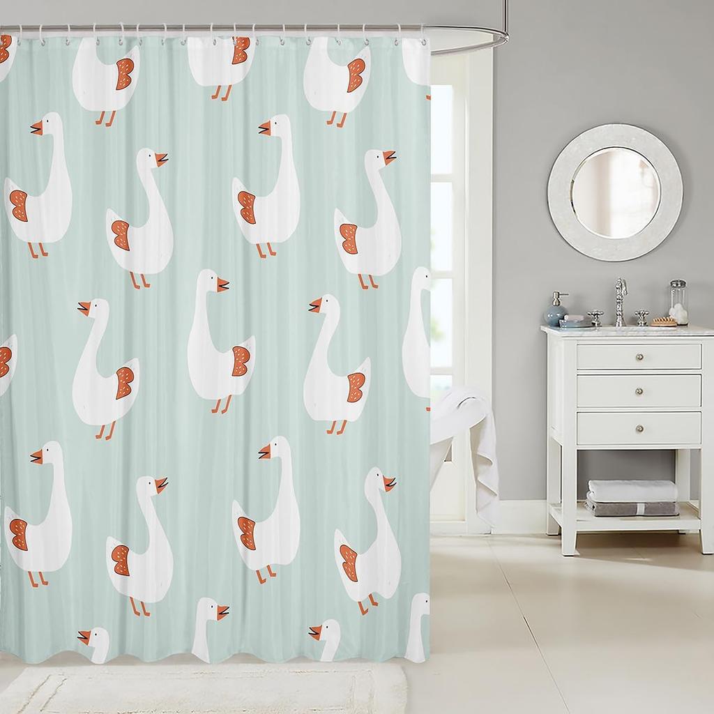 Cute Goose Shower Curtain for Kids Child,Cartoon Hand Drawn Goose Pattern Bathroom Curtain Farm Style Duck Animal Bath Curtain