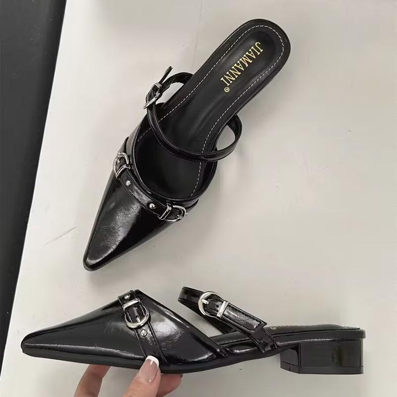 New Summer Elegant Pointed Toe Outside Beach Mid-heeled Slippers Fashionable Comfortable Casual Buckle Work Slippers for Women