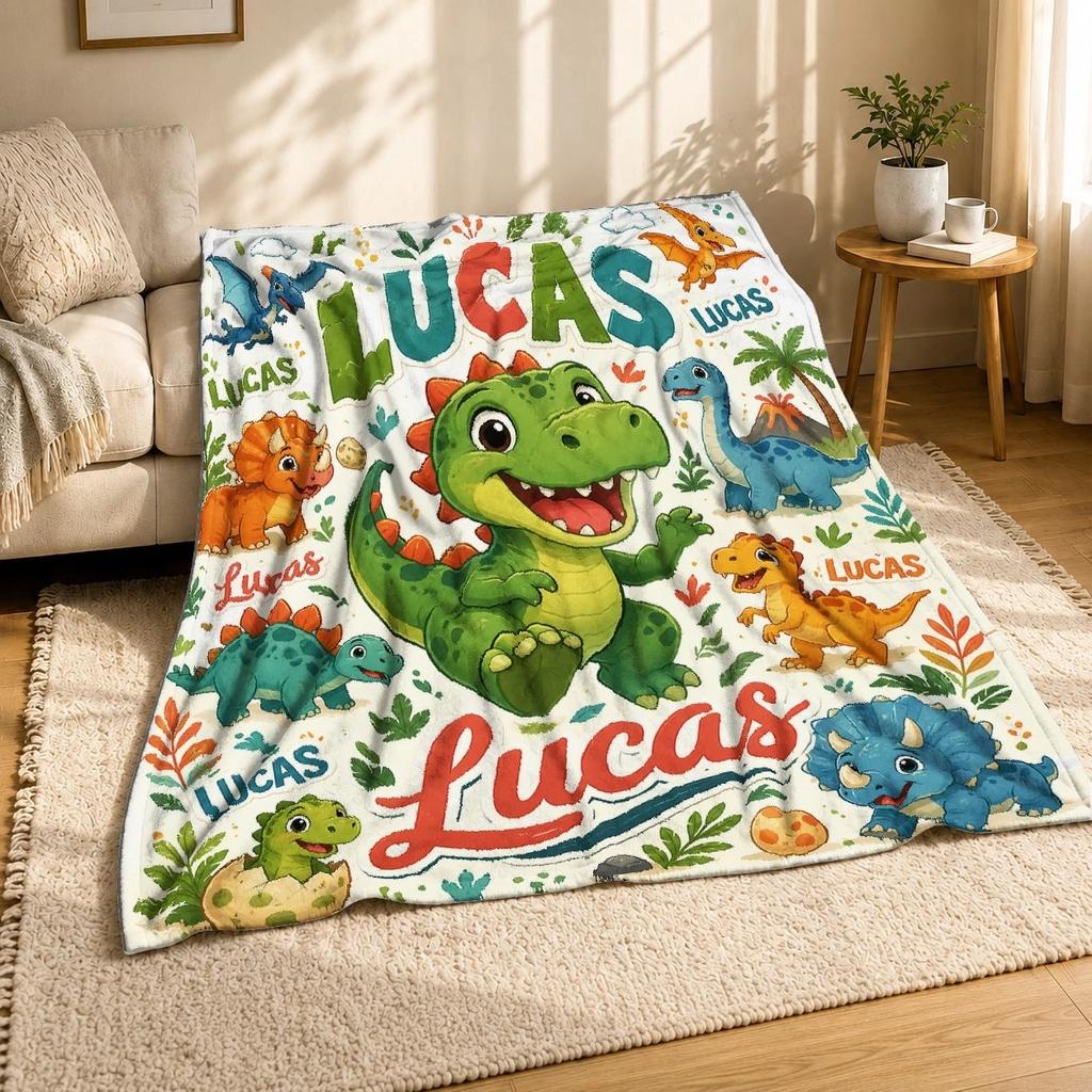 Lucas Personalized Dinosaur Coral Fleece Blanket Cute Dino Decor