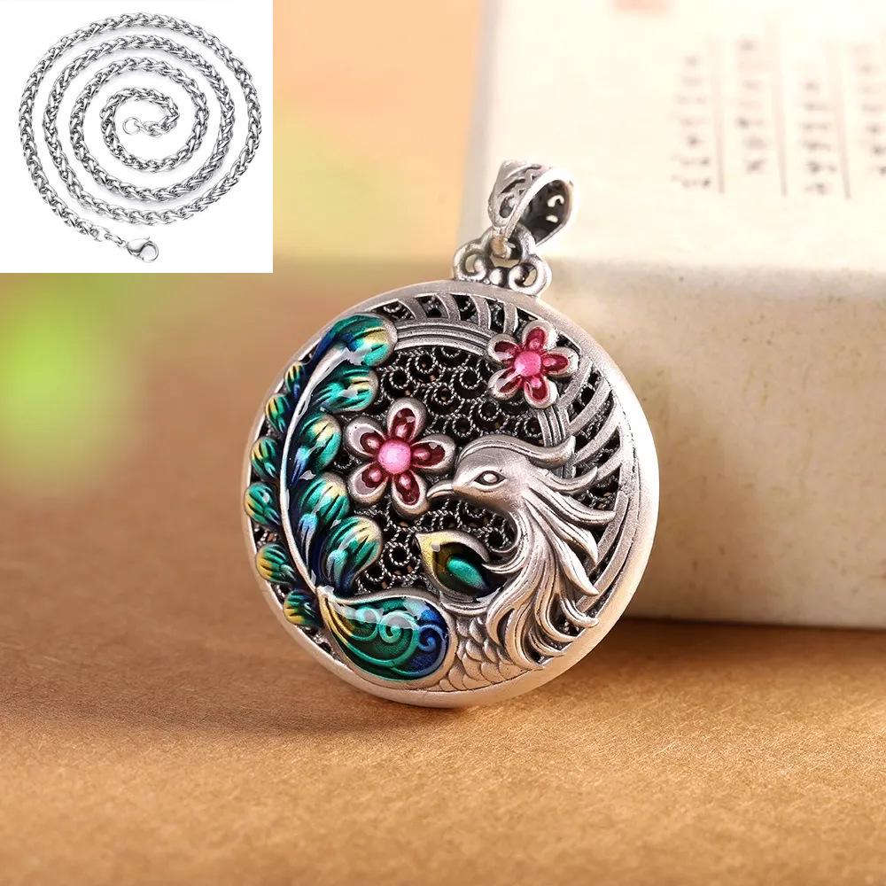 Sterling Silver Phoenix & Plum Blossom Enamel Cloisonné Long Necklace Pendant for Women