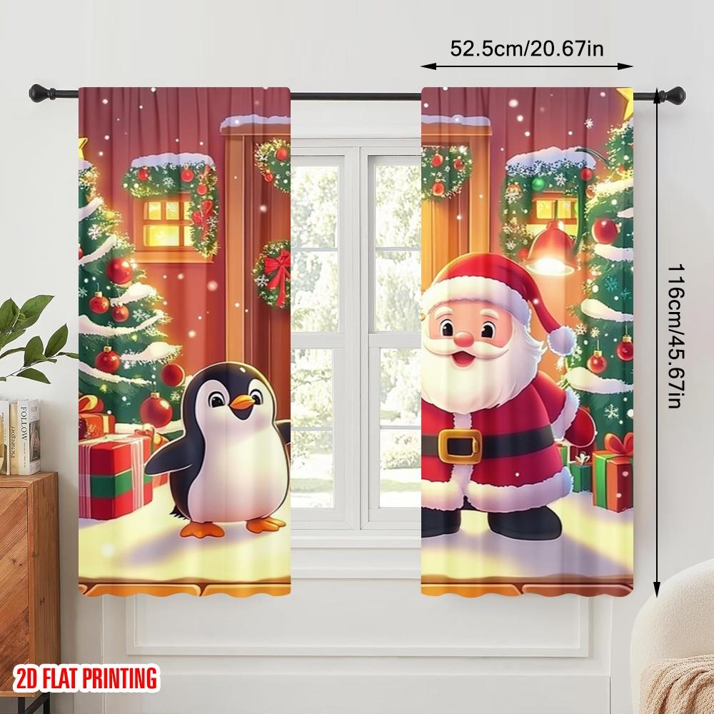 Set Of 2 Plane Printing Curtain Popular Merry Christmas Santa Penguin Door Polyester Woven Without Rod Decorations Outdoor