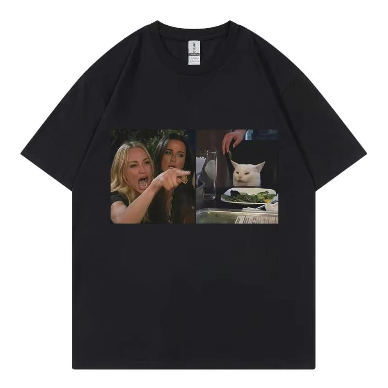 Funny Woman Yelling At Cat Meme Graphic T Shirts High Quality Fashion Short Sleeve T-shirts Unisex Casual Loose Cotton T-shirt