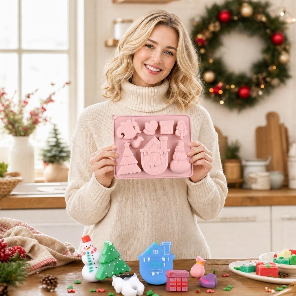 Christmas Silicone Candy Mold Cartoon Chocolate Mold DIY Home Use Candy Cheese Mold Flexible Non-Stick Baking Mold for Holiday Treats