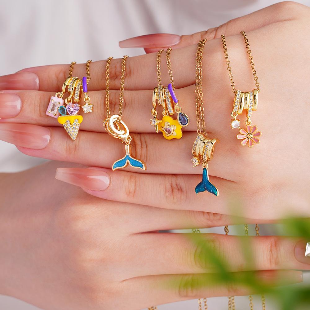 Fashion Zircon Daisy Fish Tail Ice Cream Charms Necklace for Women Girls Stainless Steel Chain Sweet Cute Jewelry Christmas Gift