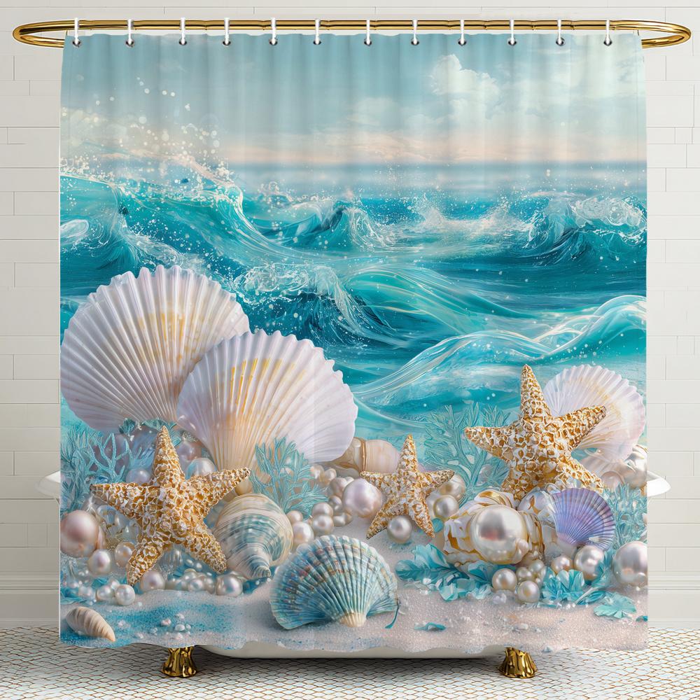 Ocean Beach Shell Starfish Printed Shower Curtain, Bathroom Decorative Shower Curtain,Waterproof Shower Curtain with Hooks
