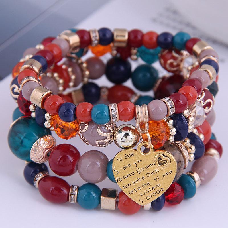 Bohemian Multilayer Elastic Rope Bracelet with Alloy Heart Pendant