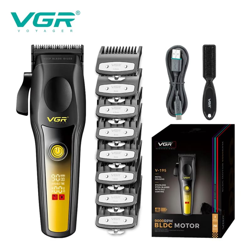 

Original VGR V-195 Professional Grade Speed Adjustable Hair Clipper Titanium Alloy Blade Oil Head Clipper LED Intelligent Digital Hair Trimming Set жовтий
