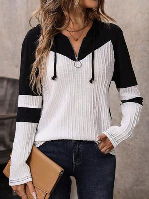 New Women's Top with Zipper Closure Knit Sweater Long Sleeve Color Block T-Shirt for Women