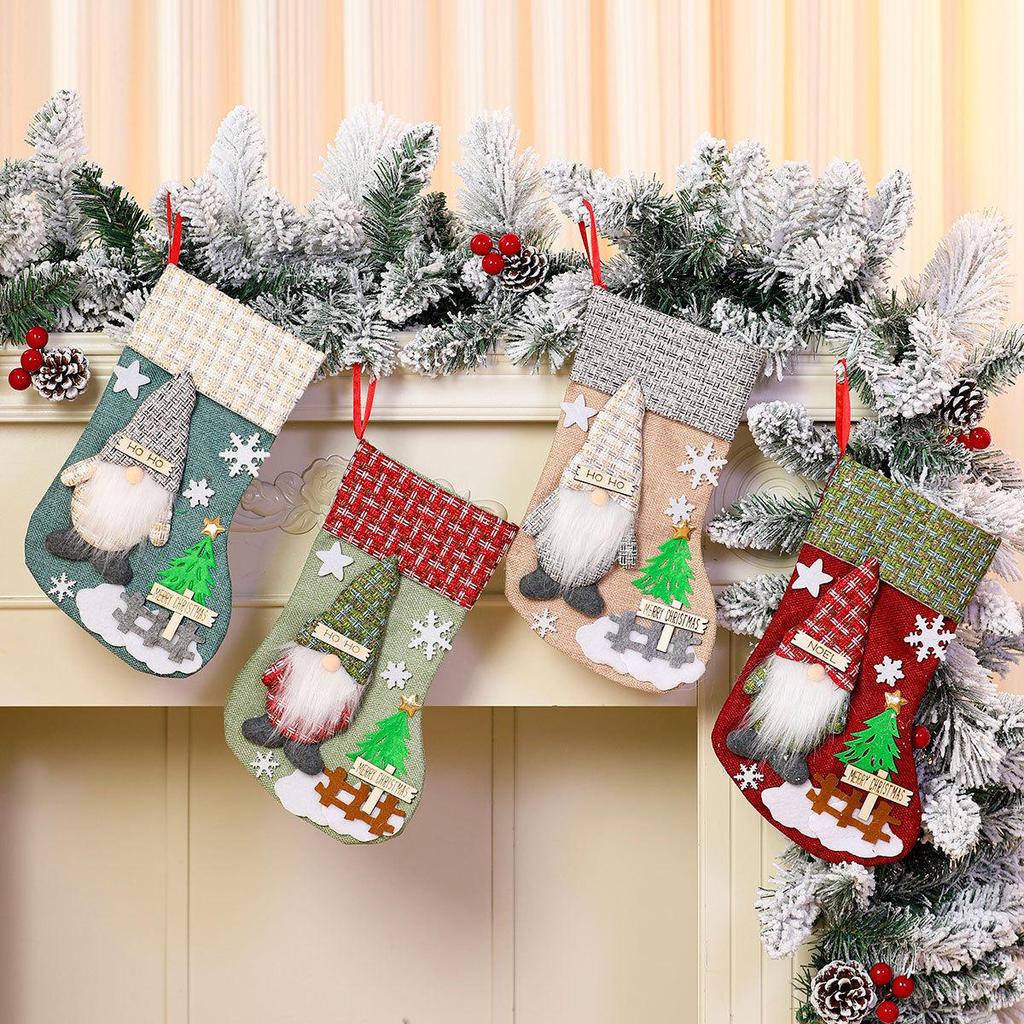 Burlap 3D Cartoon Christmas Stocking Gift & Candy Bag Pendant