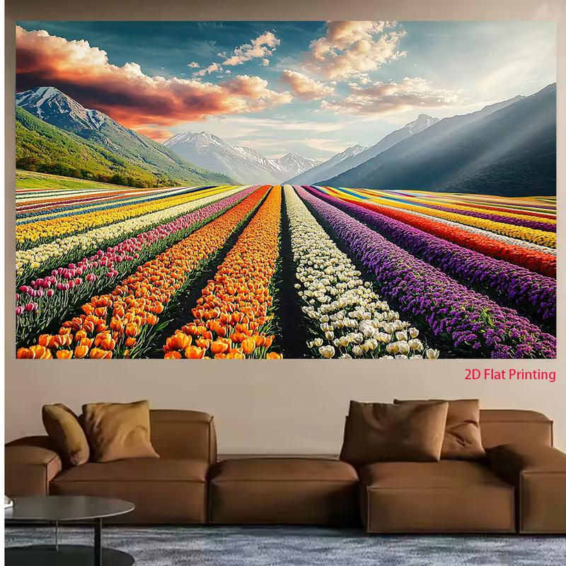2D Spring Nature Tulip Farm Backdrop Scenic Mountain Landscape Party Photo Booth Cloth