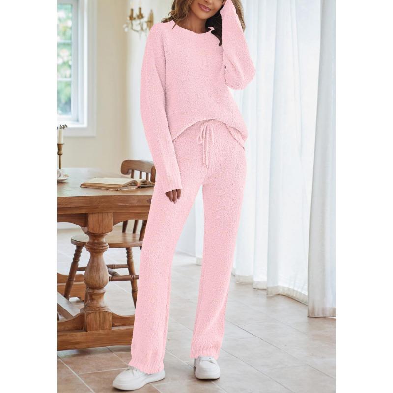 Women's Solid Color Round Neck Long Sleeve Trousers Thick Warm Suit