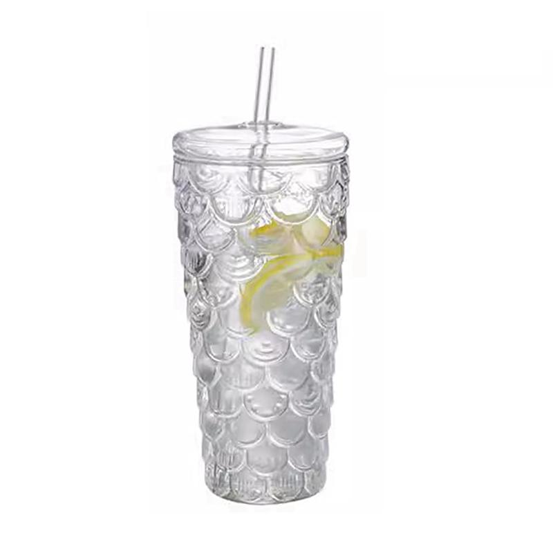 Fish Scale Pattern Non-slip Glass Straw Cup Glass Cups with Lids and Straws Ripple Glassware For Hot and Cold Drinks