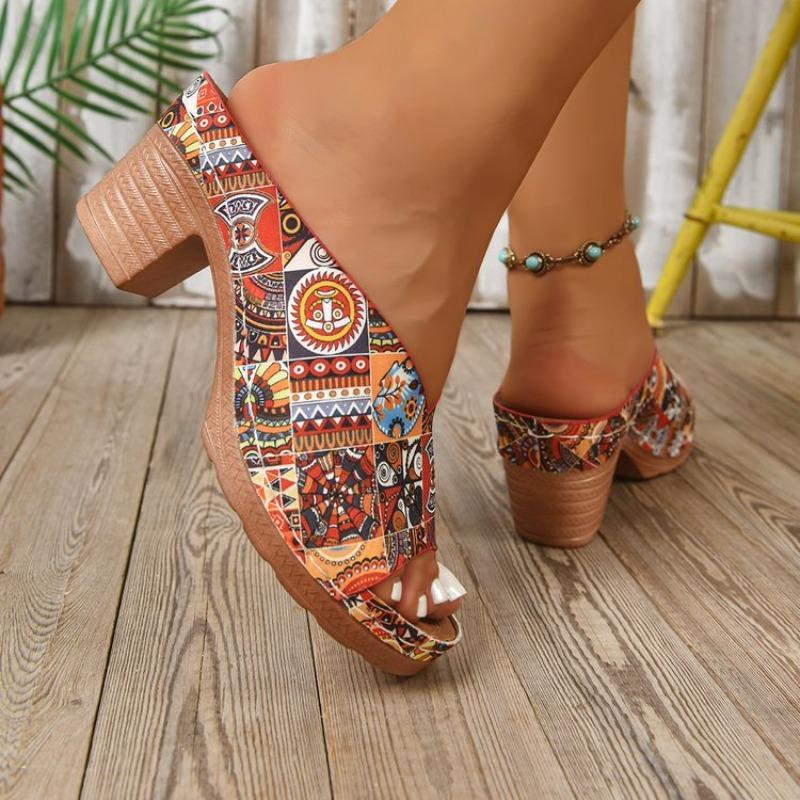 Women's Printed Peep Toe High Heel Sandals, Ethnic Style Beach Slides, Plus Size Summer Casual Shoes